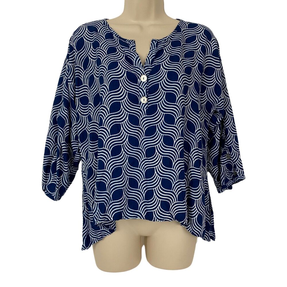 Escapada Top Womens Medium Popover Asymmetrical Hem Blue Print Flowy Loose Fit M